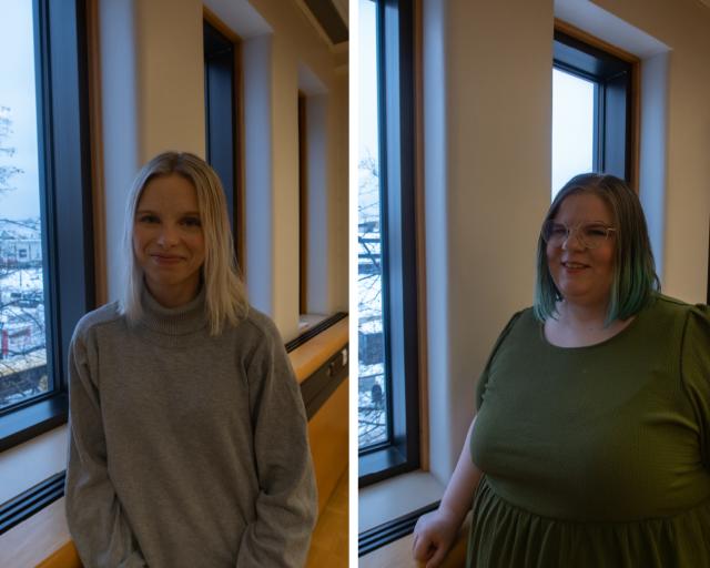 Aulavahtimestareina aloittaa kaksi uutta työntekijää. Kuvassa Ella Happonen (vas.) ja Jenni Tarvainen (oik.)
