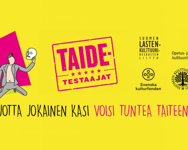 Taidetestaajat-kuvituskuva, jossa lukee: 