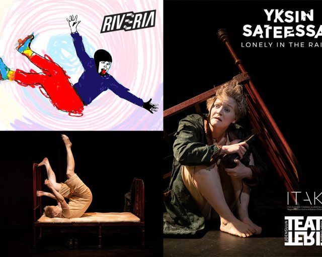 Kuvassa kolme tanssivaa henkilöä, joista kaksi näyttää siltä kuin he olisivat juuri kaatuneet ja kolmas piiloutuu kumossa olevan sängyn alle.