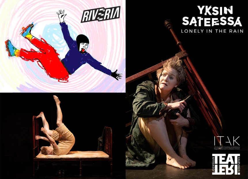 Kuvassa kolme tanssivaa henkilöä, joista kaksi näyttää siltä kuin he olisivat juuri kaatuneet ja kolmas piiloutuu kumossa olevan sängyn alle.